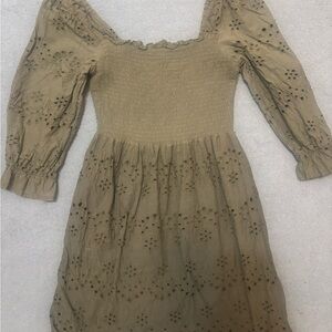 Olive Green Smocked Dress with Eyelet Details